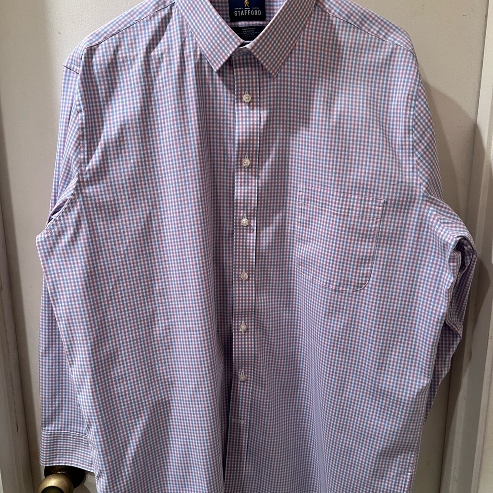 Stafford Men's Pink and Blue Plaid Shirt 18/18-1/2 34-35 Slim Fit